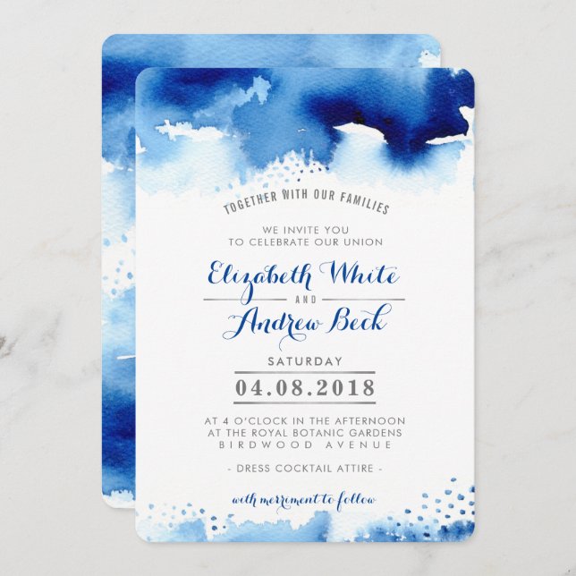Invitación WEDDING INVITE moda elegante acuarela azul oscuro (Anverso / Reverso)
