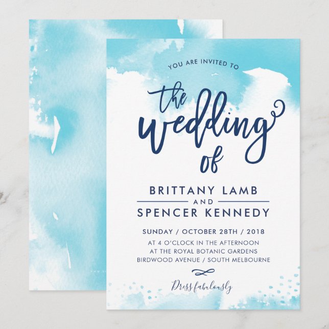 Invitación WEDDING INVITE moderna y elegante acuarela azul ac (Anverso / Reverso)