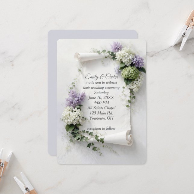 Invitación Wedding Invite Scroll with Lilacs and Hydrangeas  (Anverso/Reverso In Situ)