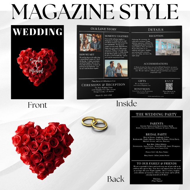 Invitación Wedding Magazine All in One Red Roses (Magazine Style Wedding Invitation- Red Roses in the Shape of a Heart)