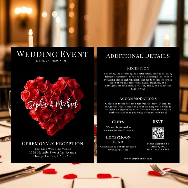 Invitación Wedding Magazine Cover All in One (Wedding Invitation Red Roses in the Shape of a Heart- Black White and Red)