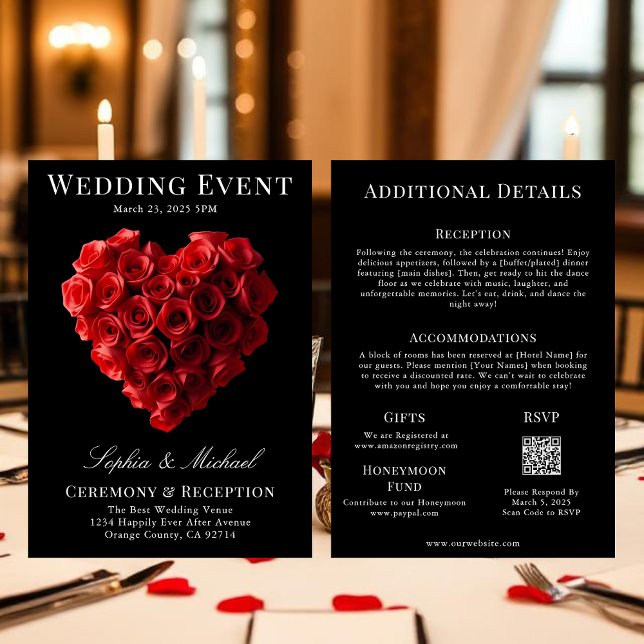 Invitación Wedding Magazine Cover All in One (Wedding Invitation Red Roses in the Shape of a Heart- Black White and Red)