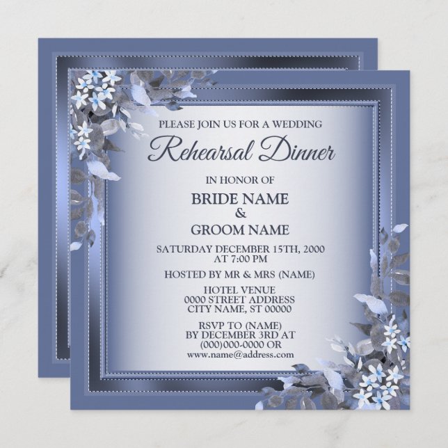 Invitación Wedding Navy Blue Floral Silver Rehearsal Dinner (Anverso / Reverso)