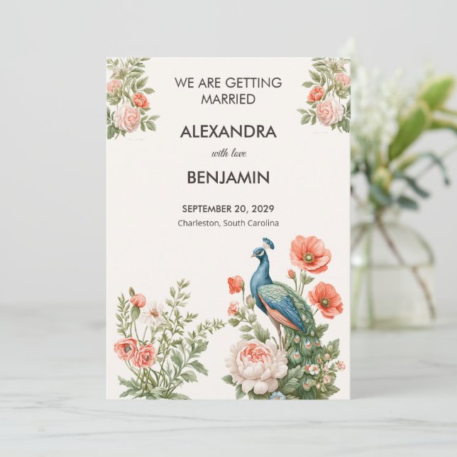 Invitación Wedding Peacock Botanical Vintage | Announcement (Anverso de pie)