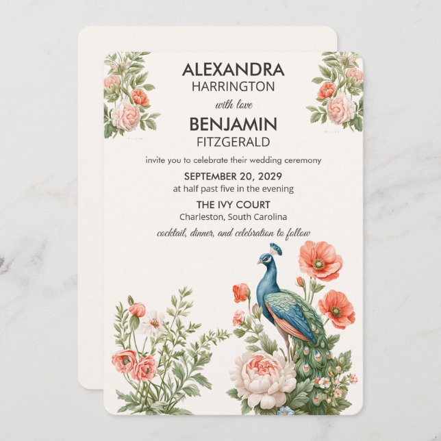 Invitación Wedding Peacock Botanical | Vintage Floral Art (Anverso / Reverso)