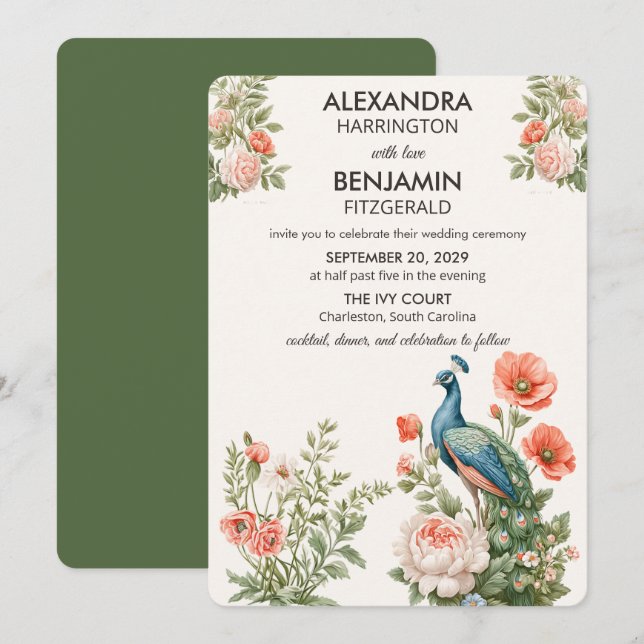 Invitación Wedding Peacock Botanical | Vintage Floral Art (Anverso / Reverso)