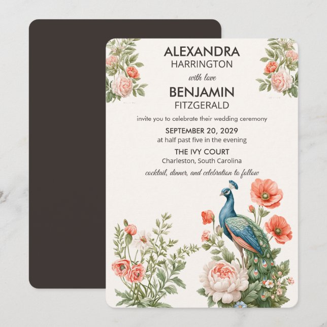 Invitación Wedding Peacock Botanical | Vintage Floral Art (Anverso / Reverso)