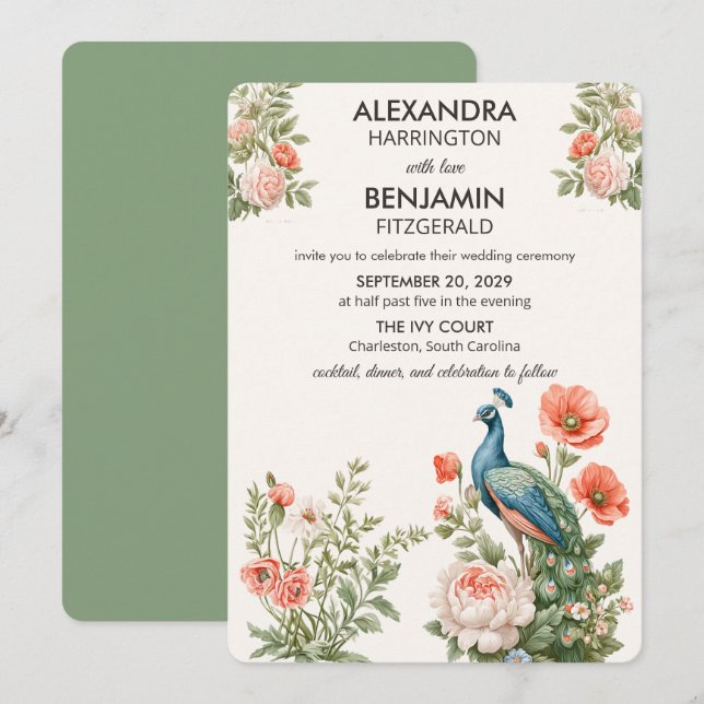 Invitación Wedding Peacock Botanical | Vintage Floral Art (Anverso / Reverso)