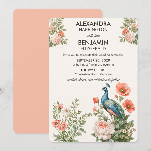Invitación Wedding Peacock Botanical | Vintage Floral Art (Anverso / Reverso)