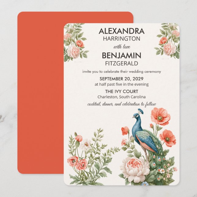 Invitación Wedding Peacock Botanical | Vintage Floral Art (Anverso / Reverso)