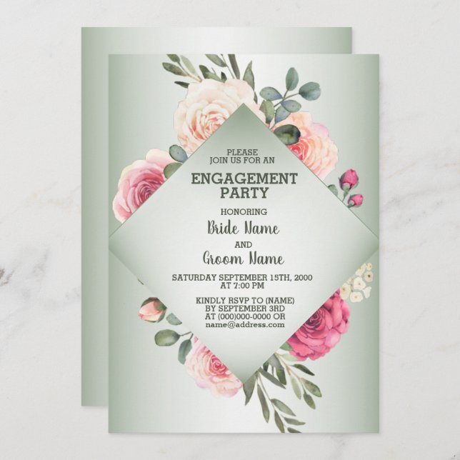 Invitación Wedding Pink Floral Rustic Green Engagement Party (Anverso / Reverso)