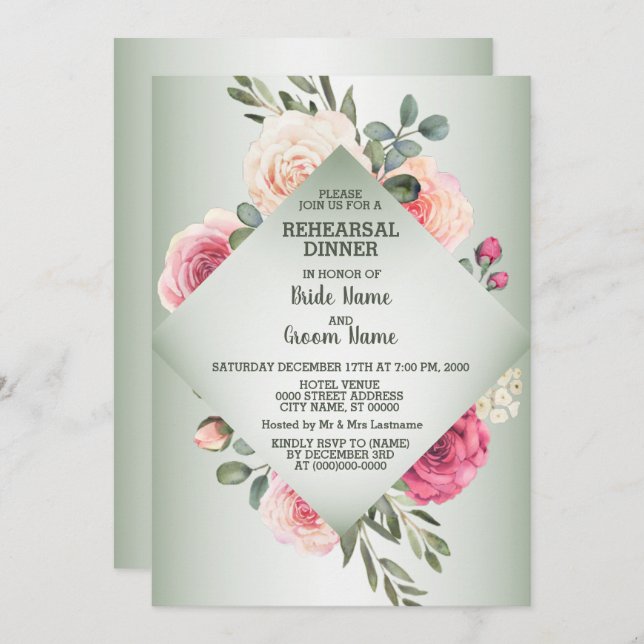 Invitación Wedding Pink Floral Rustic Green Rehearsal Dinner (Anverso / Reverso)
