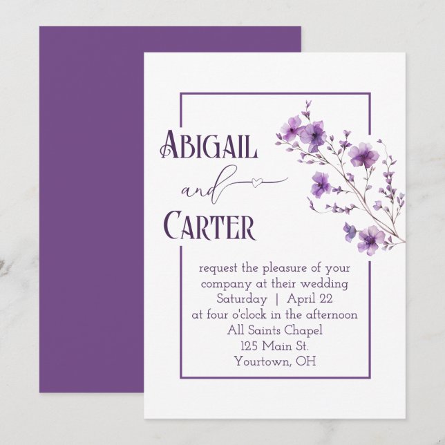 Invitación Wedding Purple Floral Frame On White (Anverso / Reverso)