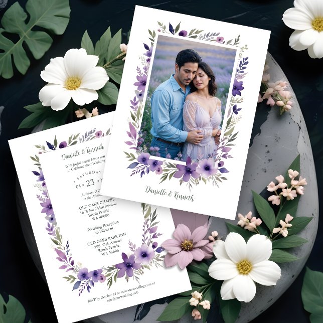Invitación Wedding Purple Shades Flowers Branches Photo (Wedding Purple Shades Flowers Branches Photo Invitations Cards.)