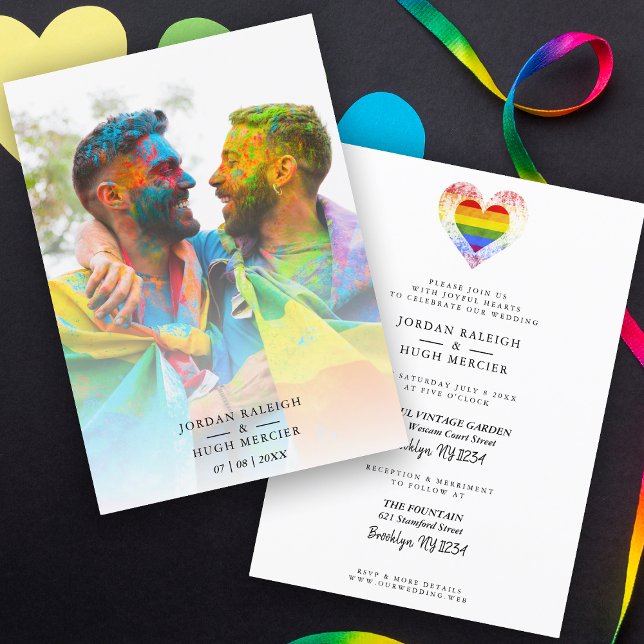 Invitación Wedding Rainbow Heart LGBT Engaged Couple Photo (Subido por el creador)
