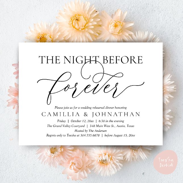 Invitación Wedding Rehearsal Dinner, The Night Before Forever (The Night Before Forever Wedding Rehearsal Dinner Romantic Classy Invites Card PDF in Black White)