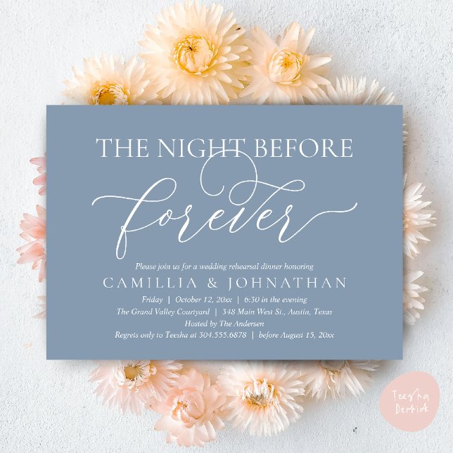 Invitación Wedding Rehearsal Dinner, The Night Before Forever (The Night Before Forever Wedding Rehearsal Dinner Romantic Classy Invites Card PDF in Dusty Blue)