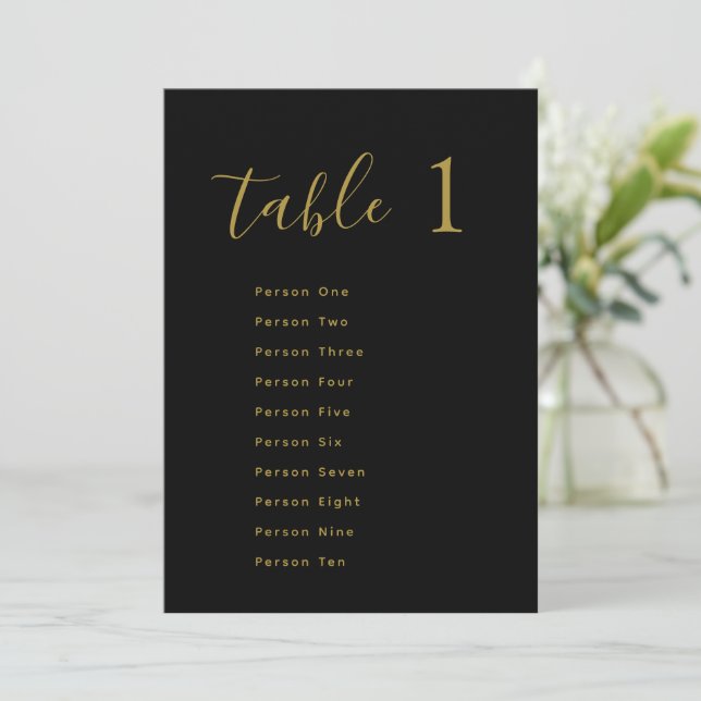 Invitación Wedding Table Seating Chart Cards | Gold on Black (Anverso de pie)