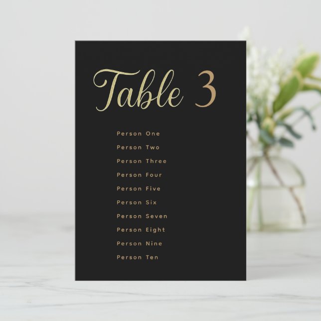 Invitación Wedding Table Seating Chart Cards | Gold on Black (Anverso de pie)