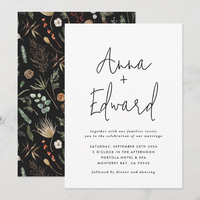 Invitación  Wedding watercolor botanical floral black modern (Anverso / Reverso)