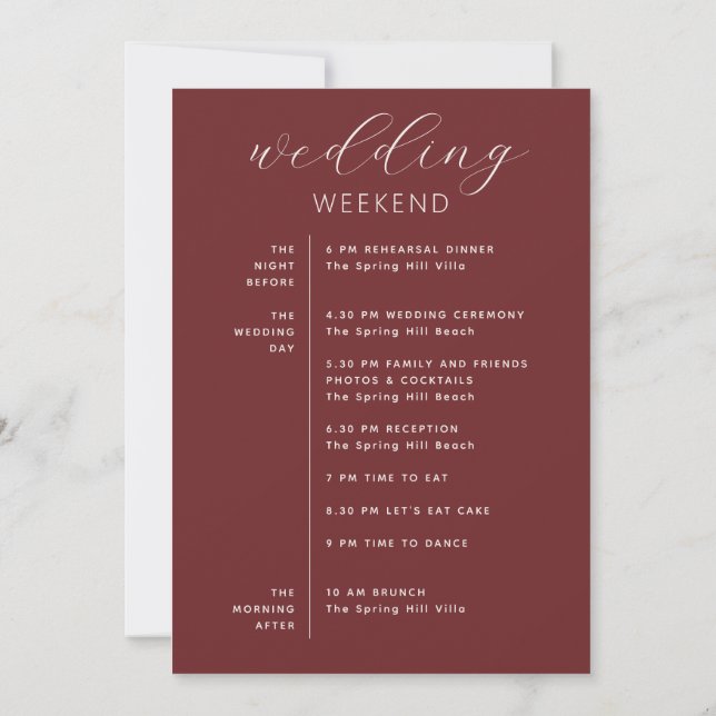 Invitación Wedding Weekend Itinerary | Deep Wine Red Timeline (Reverso)