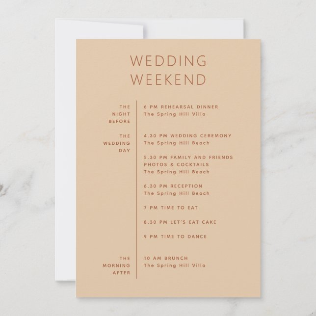 Invitación Wedding Weekend Schedule | Timeline Peach Sand (Reverso)
