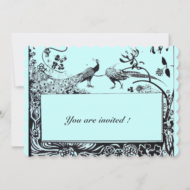 Invitación WEDDONG LOVE PEACOCKS Black Verde azulada Blue Inv (Anverso)