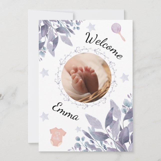 Invitación Welcome baby round photo girl (Anverso)