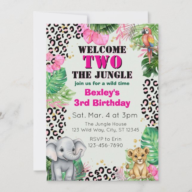 Invitación Welcome TWO Jungle Pink 2nd Birthday (Anverso)