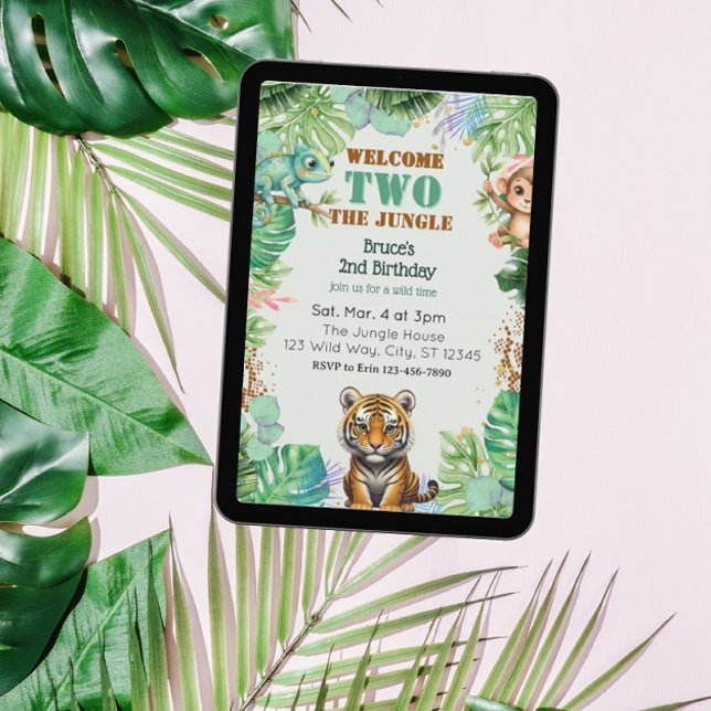 Invitación Welcome TWO Jungle, Watercolor 2nd Birthday (Subido por el creador)