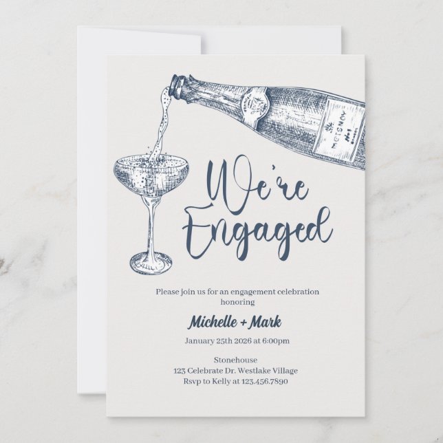 Invitación We're Engaged, Champagne Engagement, minimal (Anverso)