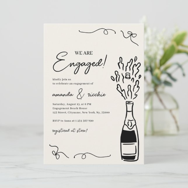Invitación Were Engaged Hand Drawn Champagne Engagement Party (Anverso de pie)