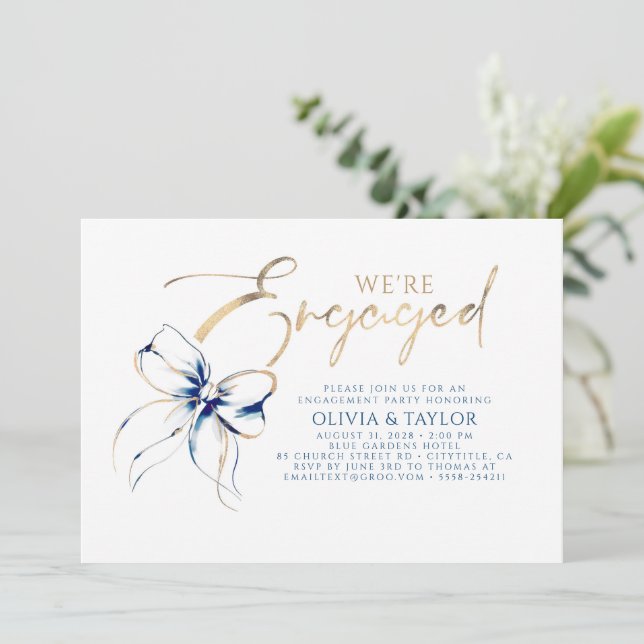Invitación We're Engaged Navy Blue Bow Engagement Party (Anverso de pie)