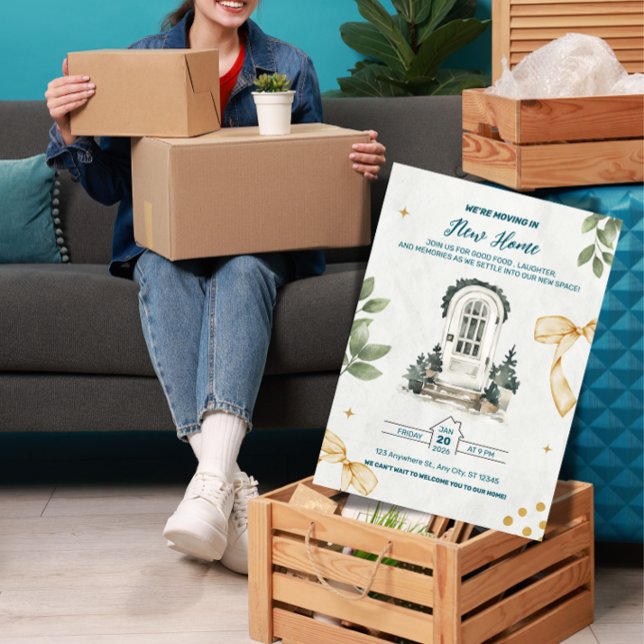 Invitación We're Moving In! Housewarming Party Invitation ("Celebrate new beginnings! This cheerful 'We're Moving In!' invite is perfect for your housewarming )