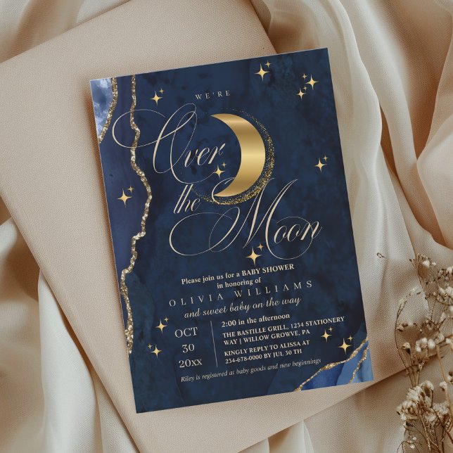 Invitación We're Over the Moon Gold Stars Blue Baby Shower  (Subido por el creador)