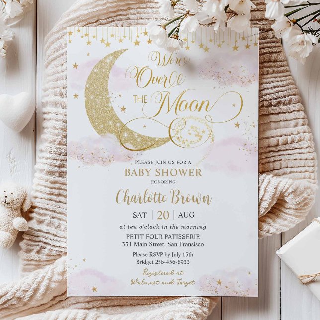 Invitación We're Over the Moon Stars Pink Gold Baby Shower (Subido por el creador)