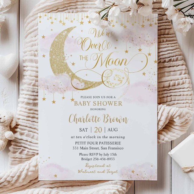 Invitación We're Over the Moon Stars Pink Gold Baby Shower (Subido por el creador)