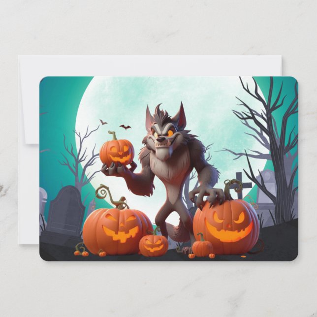 Invitación Werewolf y calabazas de Halloween (Anverso)