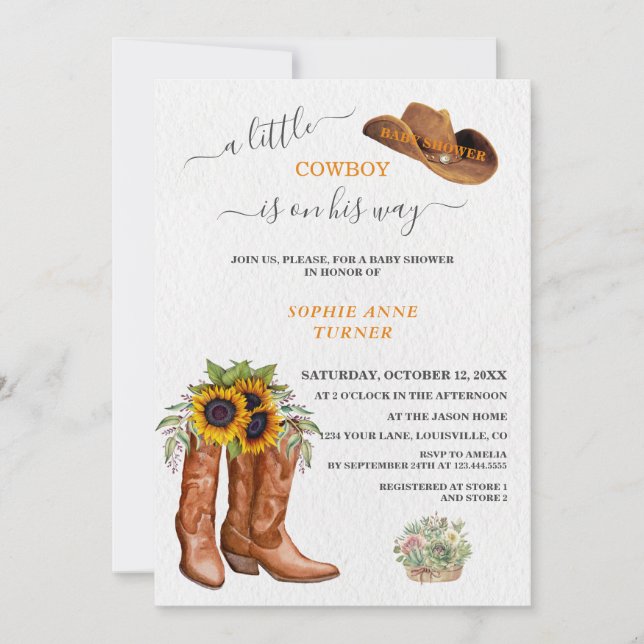 Invitación Western A Little Cowboy Boots Baby Shower (Anverso)