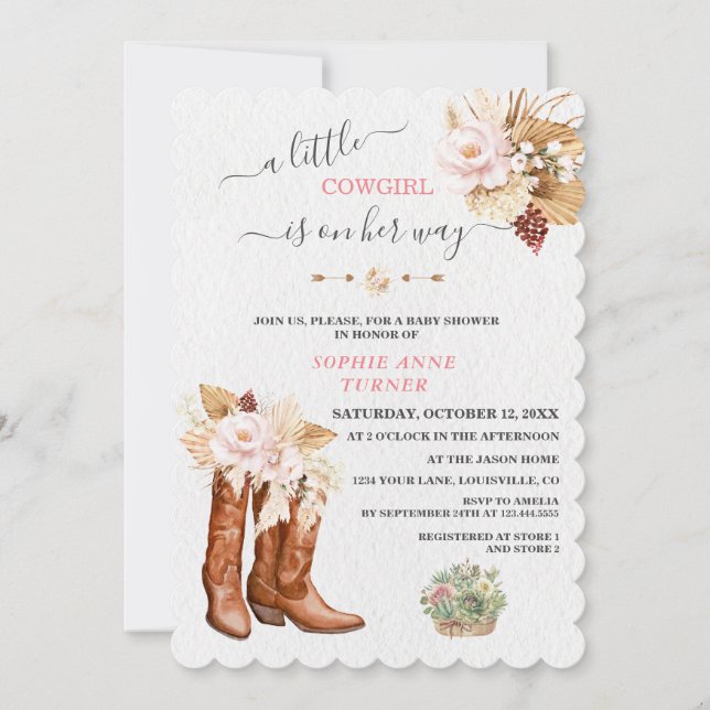 Invitación Western A Little Cowgirl Boots Baby Shower (Anverso)