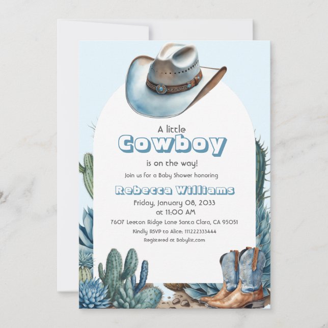 Invitación Western Blue Little Cowboy Rodeo Boy Baby Shower (Anverso)