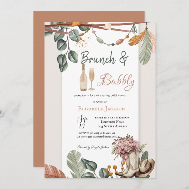 Invitación Western Boho Brunch & Bubbly Bridal Shower  (Anverso / Reverso)