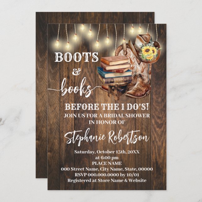 Invitación Western Boots & Books Before I do Bridal Shower (Anverso / Reverso)