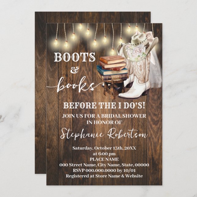 Invitación Western Boots & Books Before I do Bridal Shower (Anverso / Reverso)