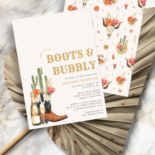 Invitación Western Boots Bridal Shower (Bridal Shower Boho Watercolor Boots and Bubbly Invitation
)