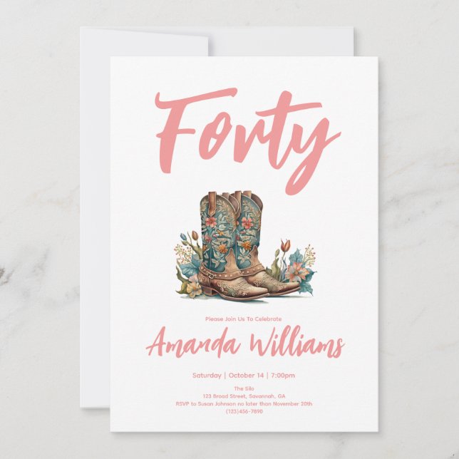 Invitación Western Boots Floral 40º cumpleaños (Anverso)