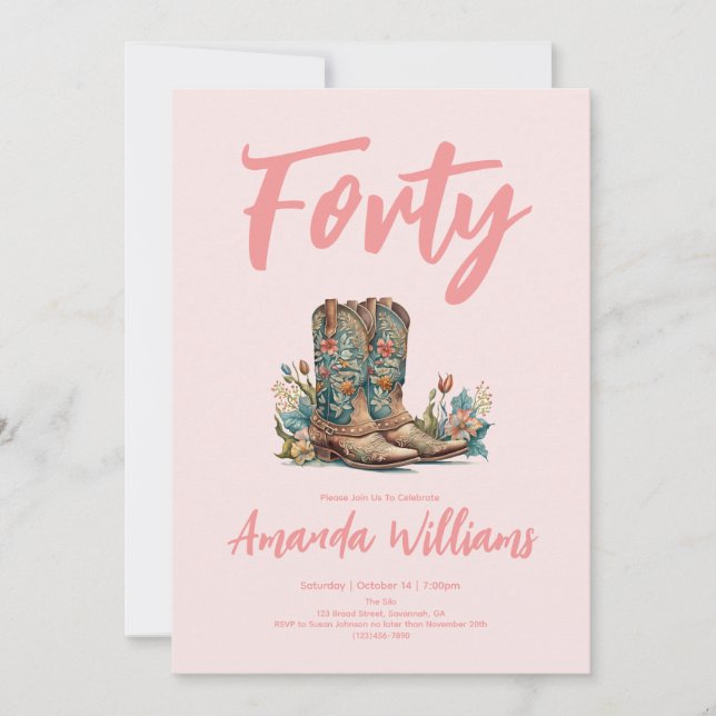 Invitación Western Boots Floral 40º cumpleaños (Anverso)