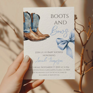 Invitación Western Boy Boots y Bows Baby Shower azul