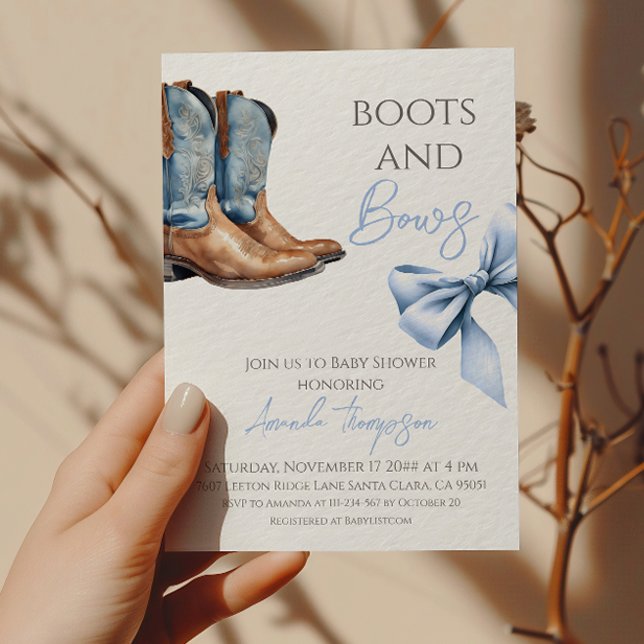 Invitación Western Boy Boots y Bows Baby Shower azul (Subido por el creador)