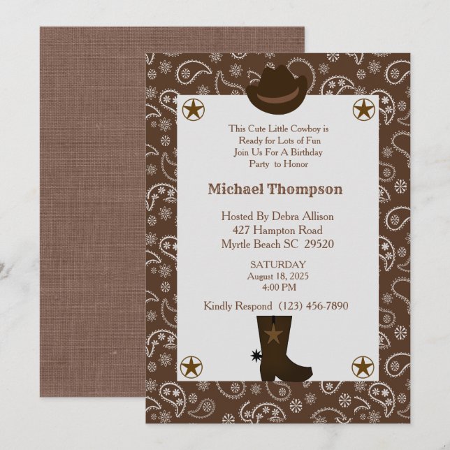 Invitación Western Brown Bandana Cowboy Birday Party (Anverso / Reverso)